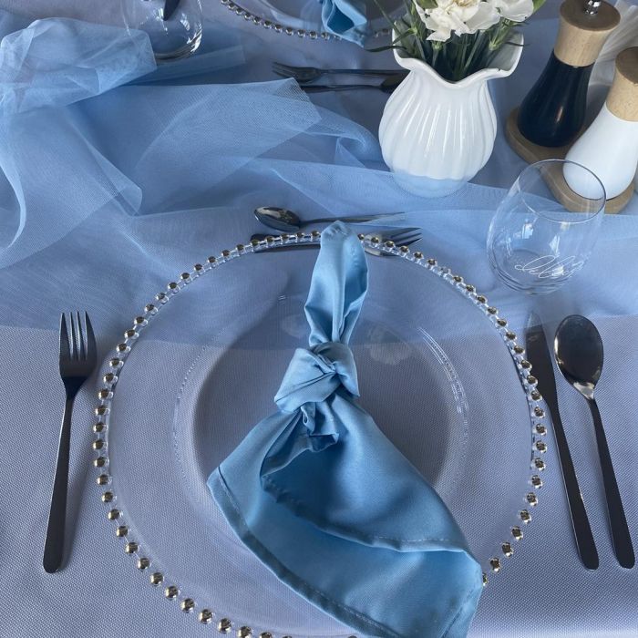 KOD 394<br><strong>SERWETKA KOLOR BŁĘKITNY</strong><br>Wymiary: 40 cm x 40 cm<br>Ilość na stanie: 30 szt *<br> możliwa większa ilość<strong><br>Cena wypożyczenia: 2 zł</strong>